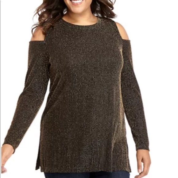 Michael Kors Black and Metallic Stripe Cold Shoulder Long Sleeve Top Blouse - Picture 1 of 13